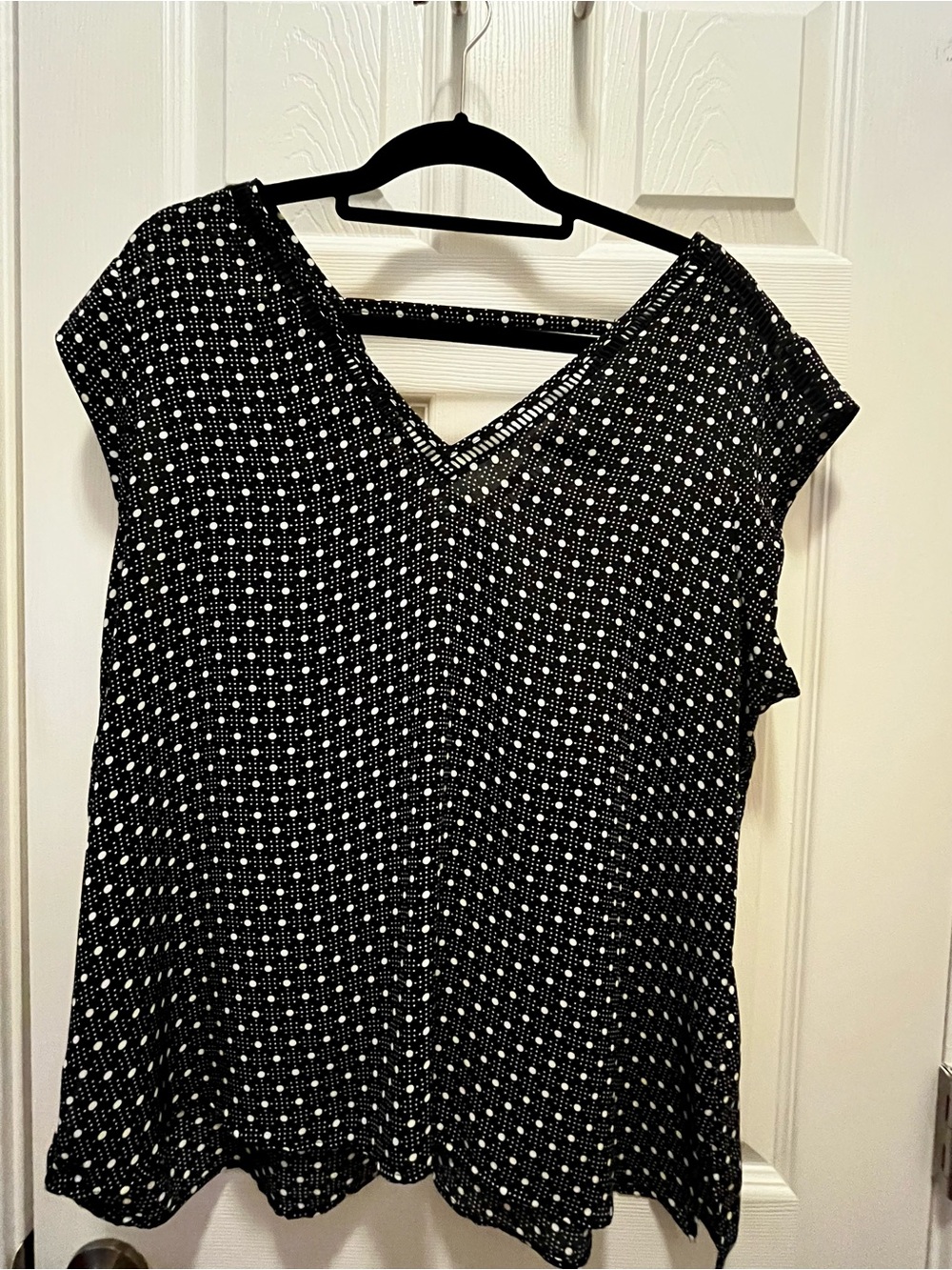 DR2 Black White Polka Dot Short Sleeve V Neck Blouse Top XL